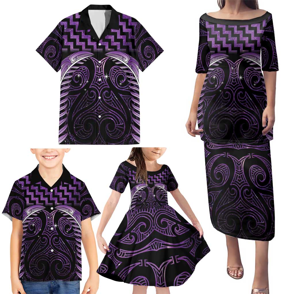 Purple Matariki New Zealand Family Matching Puletasi and Hawaiian Shirt Maori Poutama Galaxy Vibes