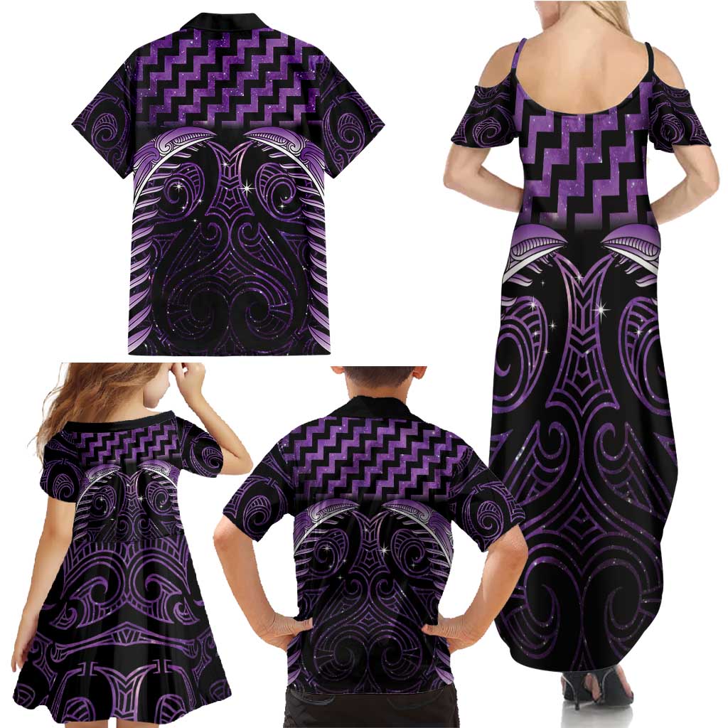 Purple Matariki New Zealand Family Matching Summer Maxi Dress and Hawaiian Shirt Maori Poutama Galaxy Vibes