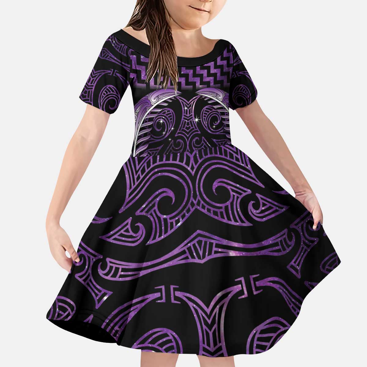 Purple Matariki New Zealand Kid Short Sleeve Dress Maori Poutama Galaxy Vibes