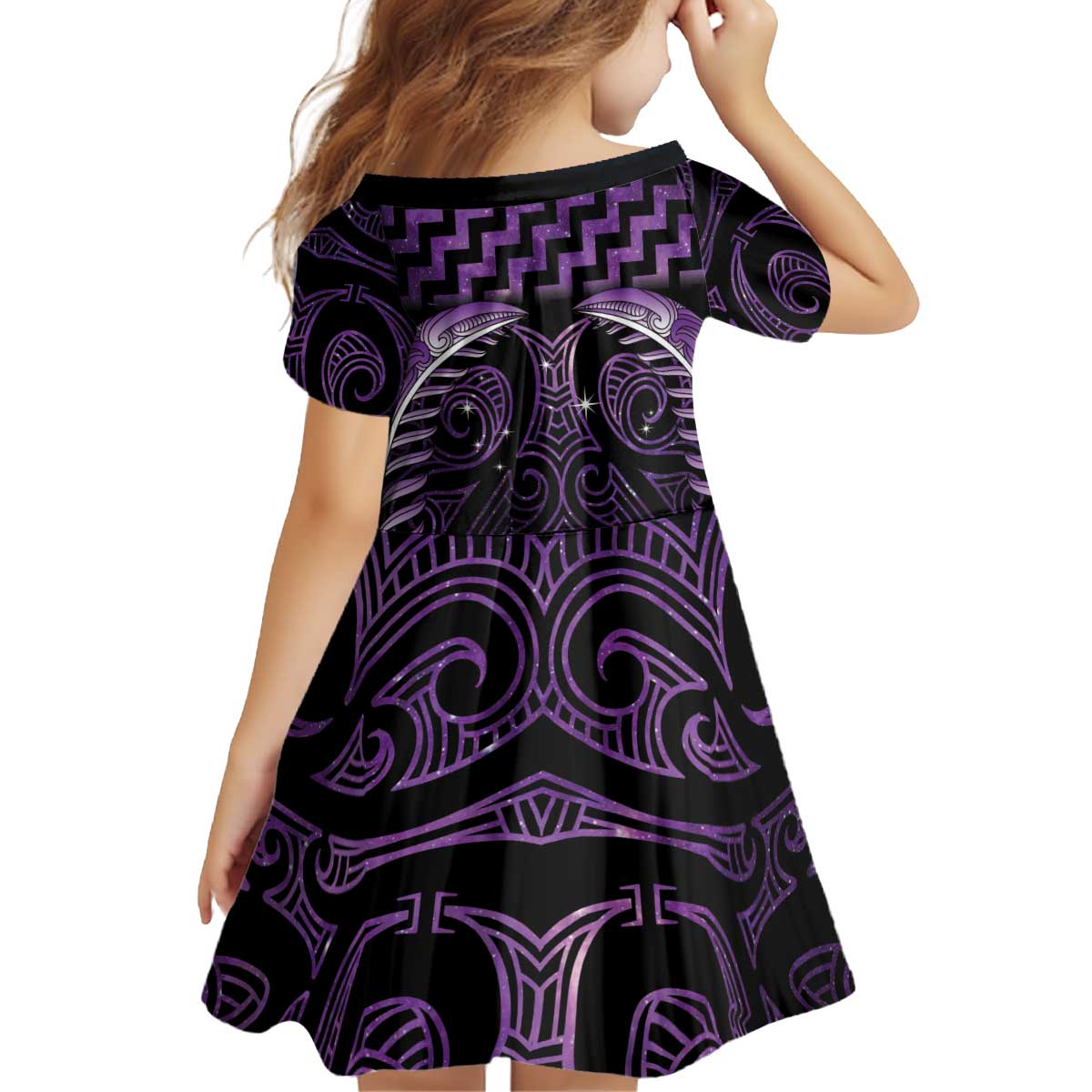 Purple Matariki New Zealand Kid Short Sleeve Dress Maori Poutama Galaxy Vibes