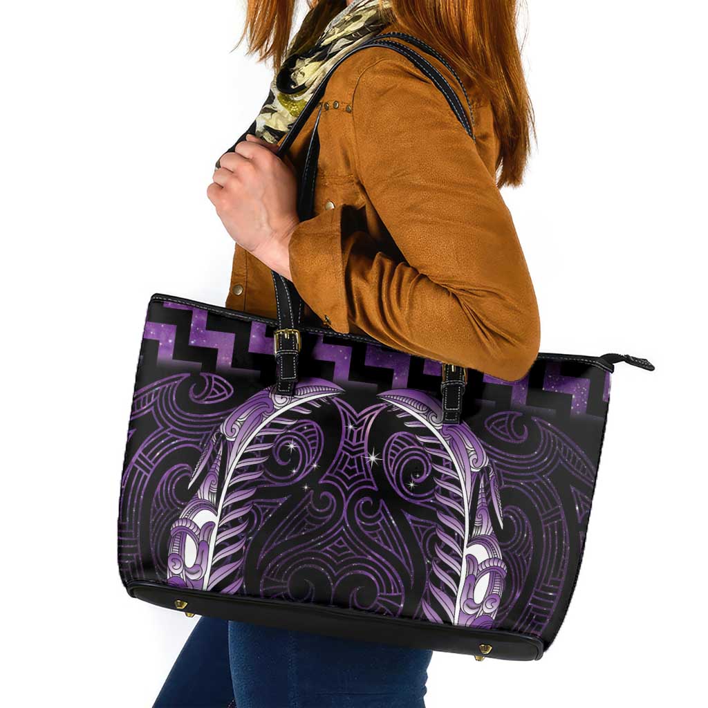 Purple Matariki New Zealand Leather Tote Bag Maori Poutama Galaxy Vibes