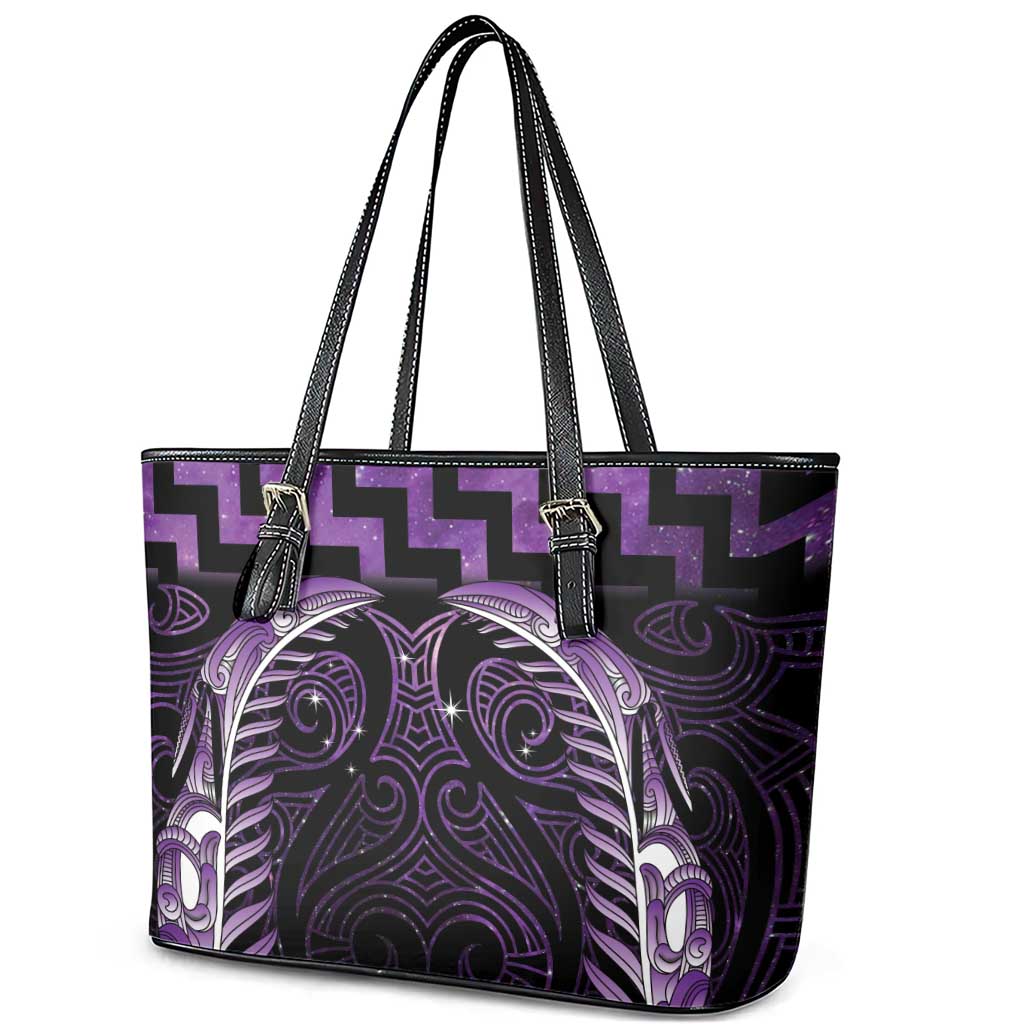 Purple Matariki New Zealand Leather Tote Bag Maori Poutama Galaxy Vibes LT14 - Polynesian Pride