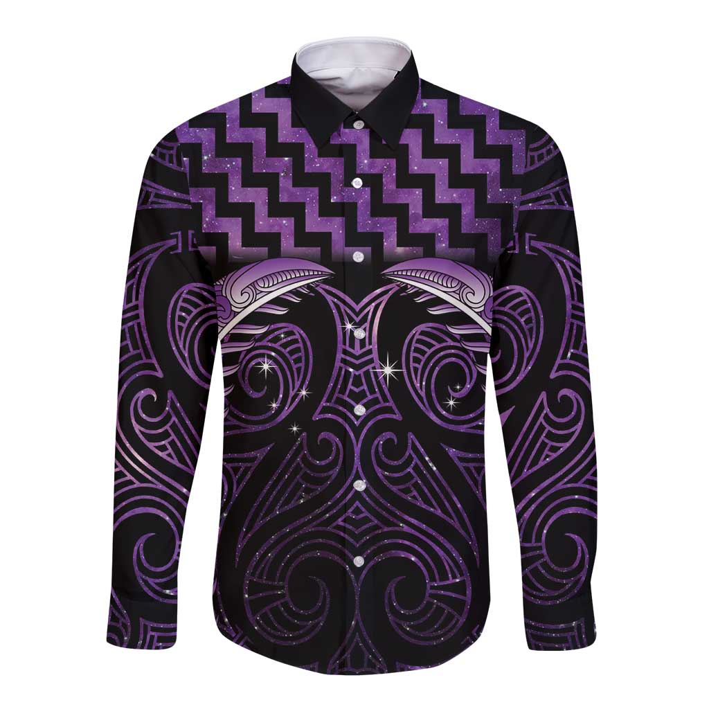 Purple Matariki New Zealand Long Sleeve Button Shirt Maori Poutama Galaxy Vibes LT14 Unisex Purple - Polynesian Pride