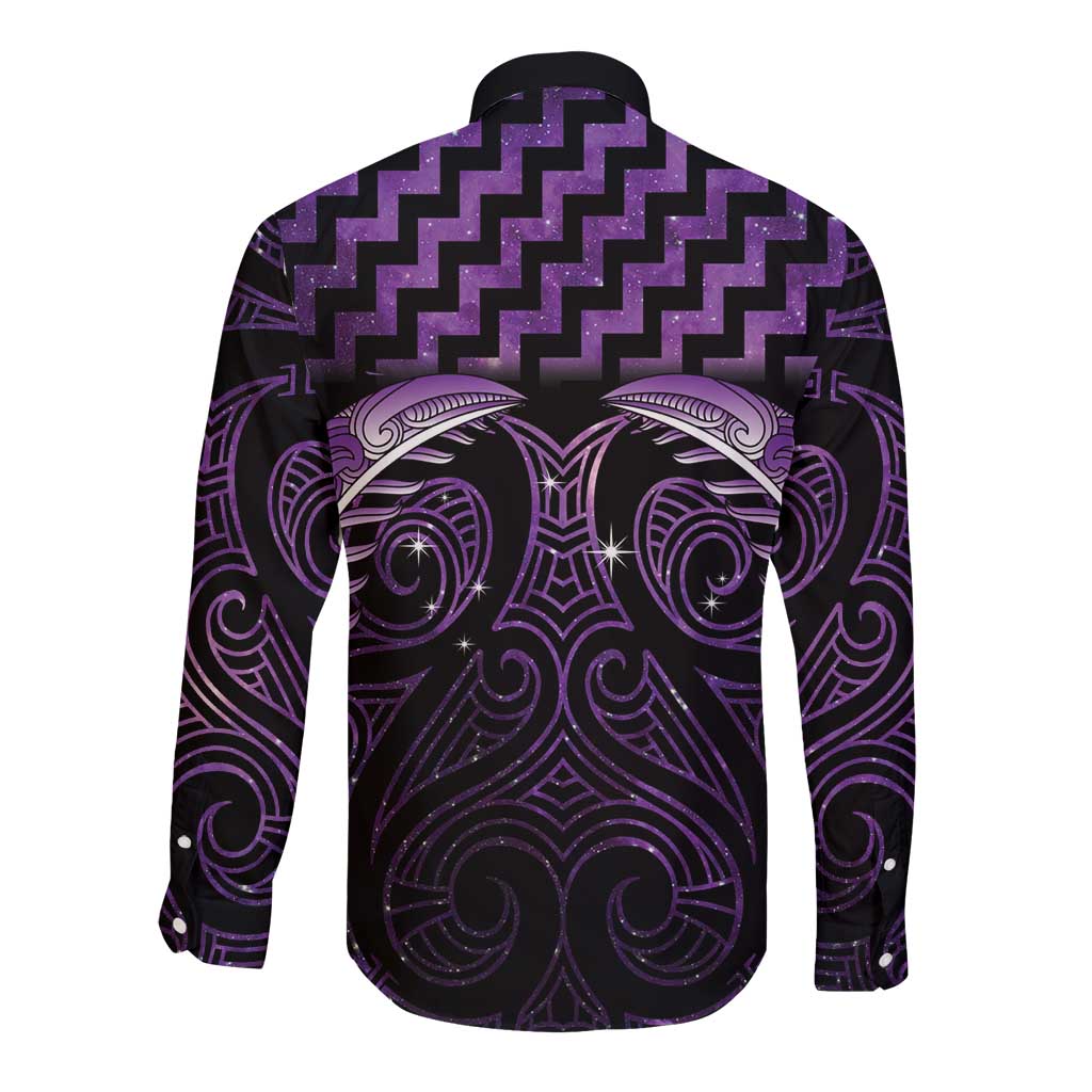Purple Matariki New Zealand Long Sleeve Button Shirt Maori Poutama Galaxy Vibes LT14 - Polynesian Pride