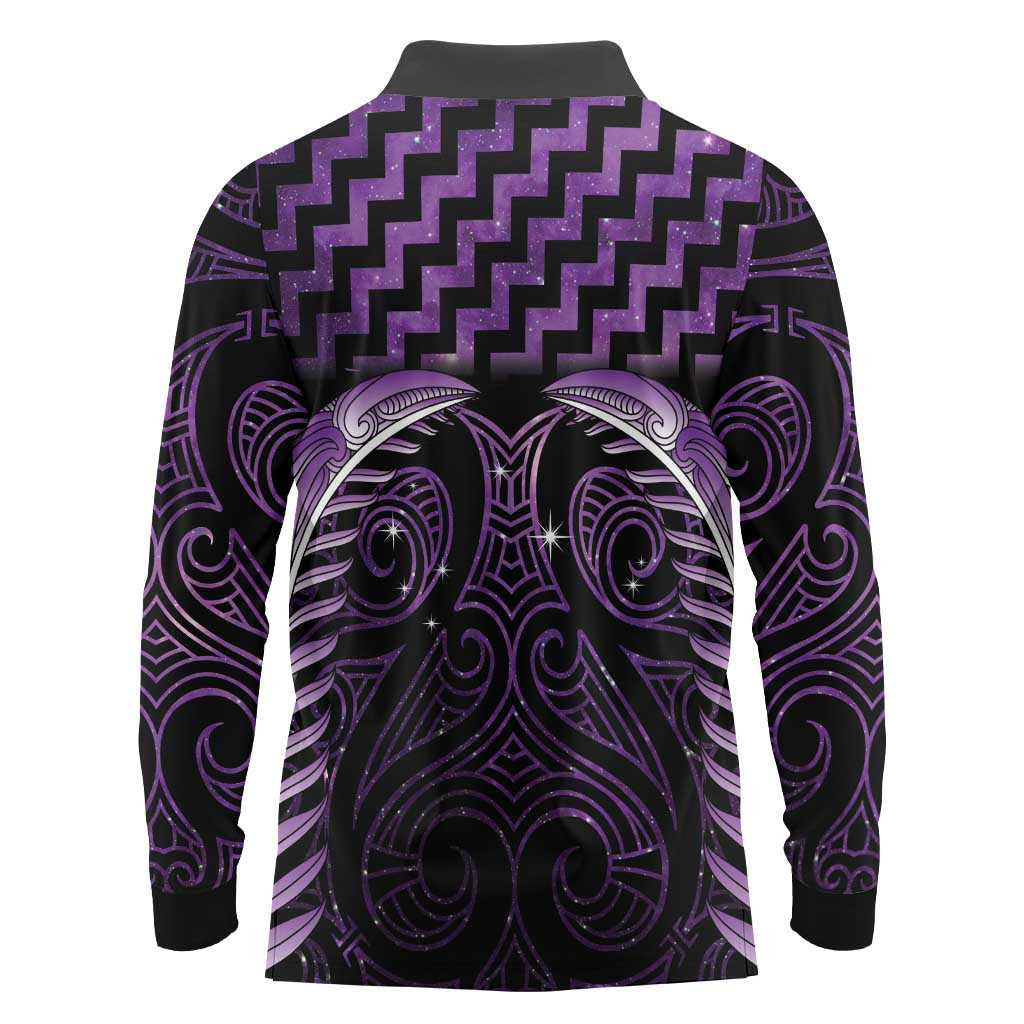 Purple Matariki New Zealand Long Sleeve Polo Shirt Maori Poutama Galaxy Vibes