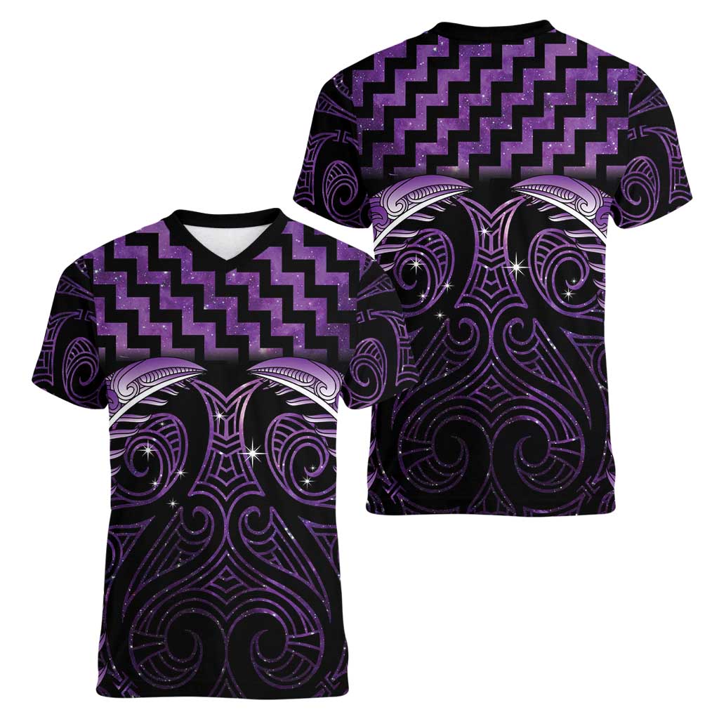 Purple Matariki New Zealand Women V-Neck T-Shirt Maori Poutama Galaxy Vibes LT14 - Polynesian Pride