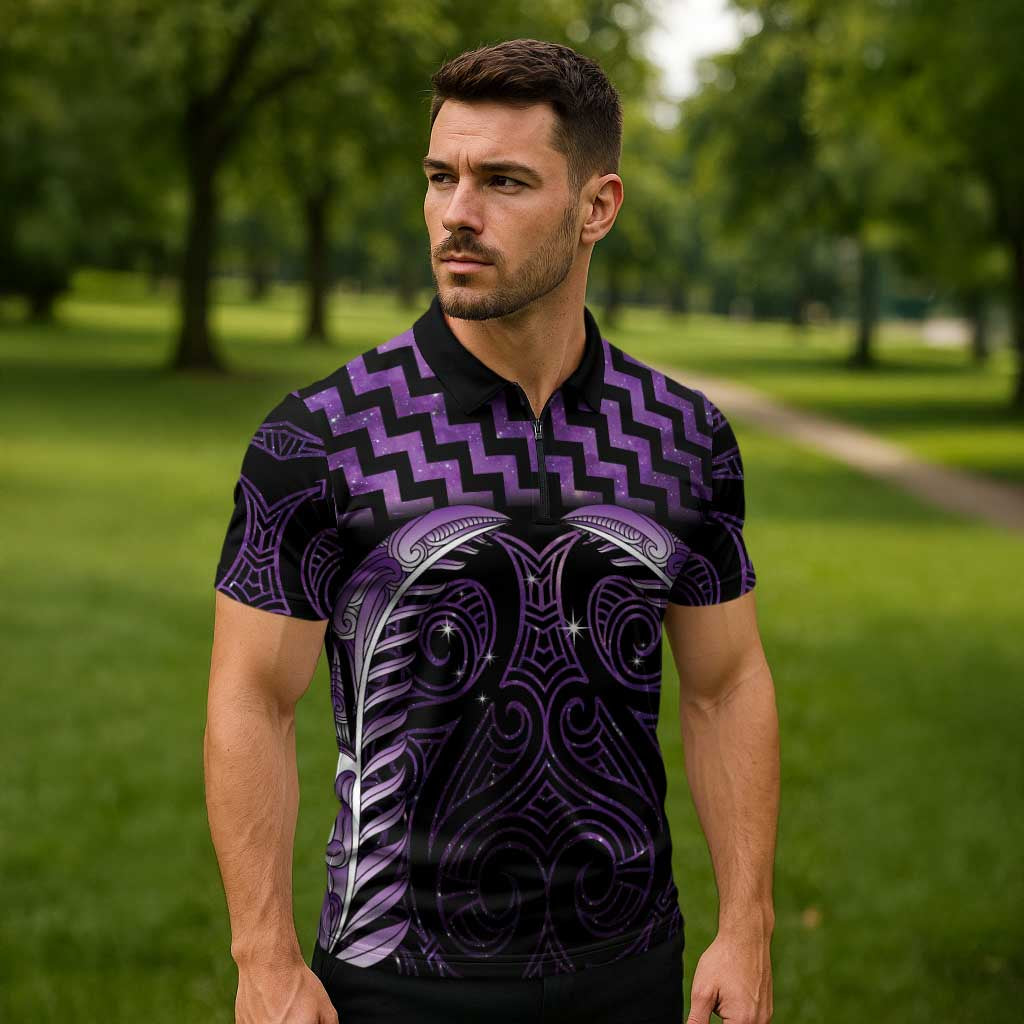 Purple Matariki New Zealand Zipper Polo Shirt Maori Poutama Galaxy Vibes - Polynesian Pride