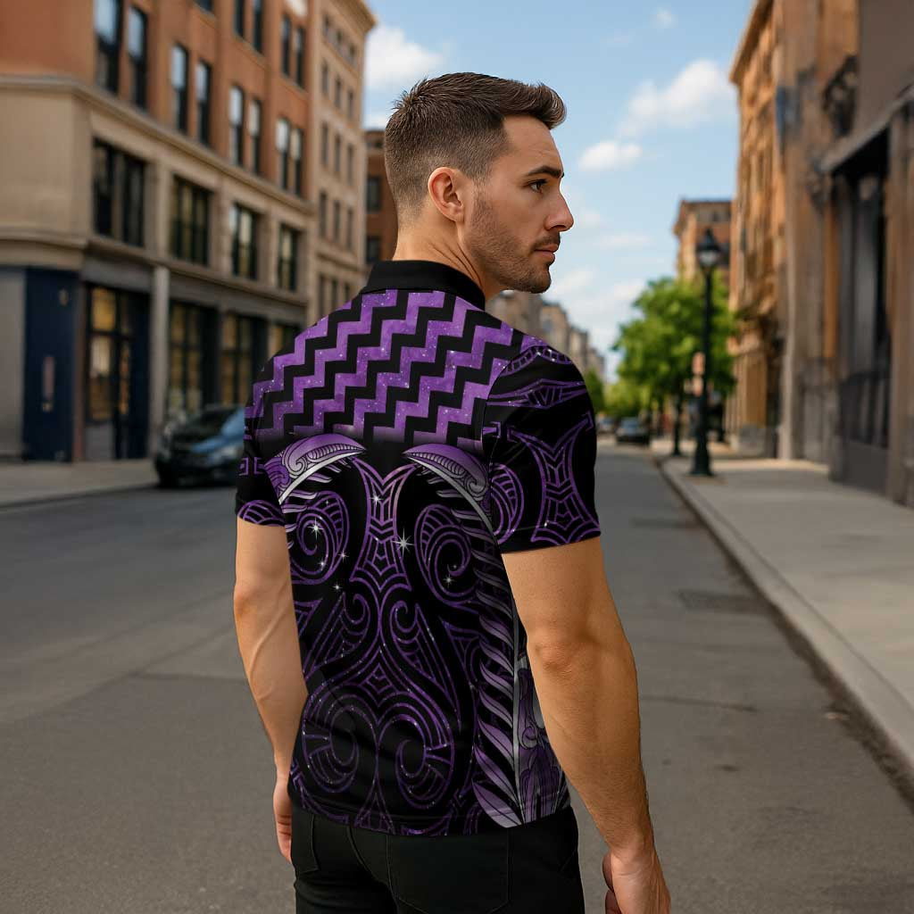 Purple Matariki New Zealand Zipper Polo Shirt Maori Poutama Galaxy Vibes - Polynesian Pride