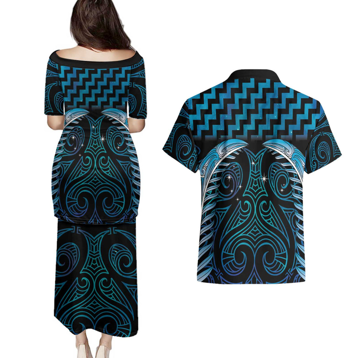 Blue Matariki New Zealand Couples Matching Puletasi and Hawaiian Shirt Maori Poutama Galaxy Vibes