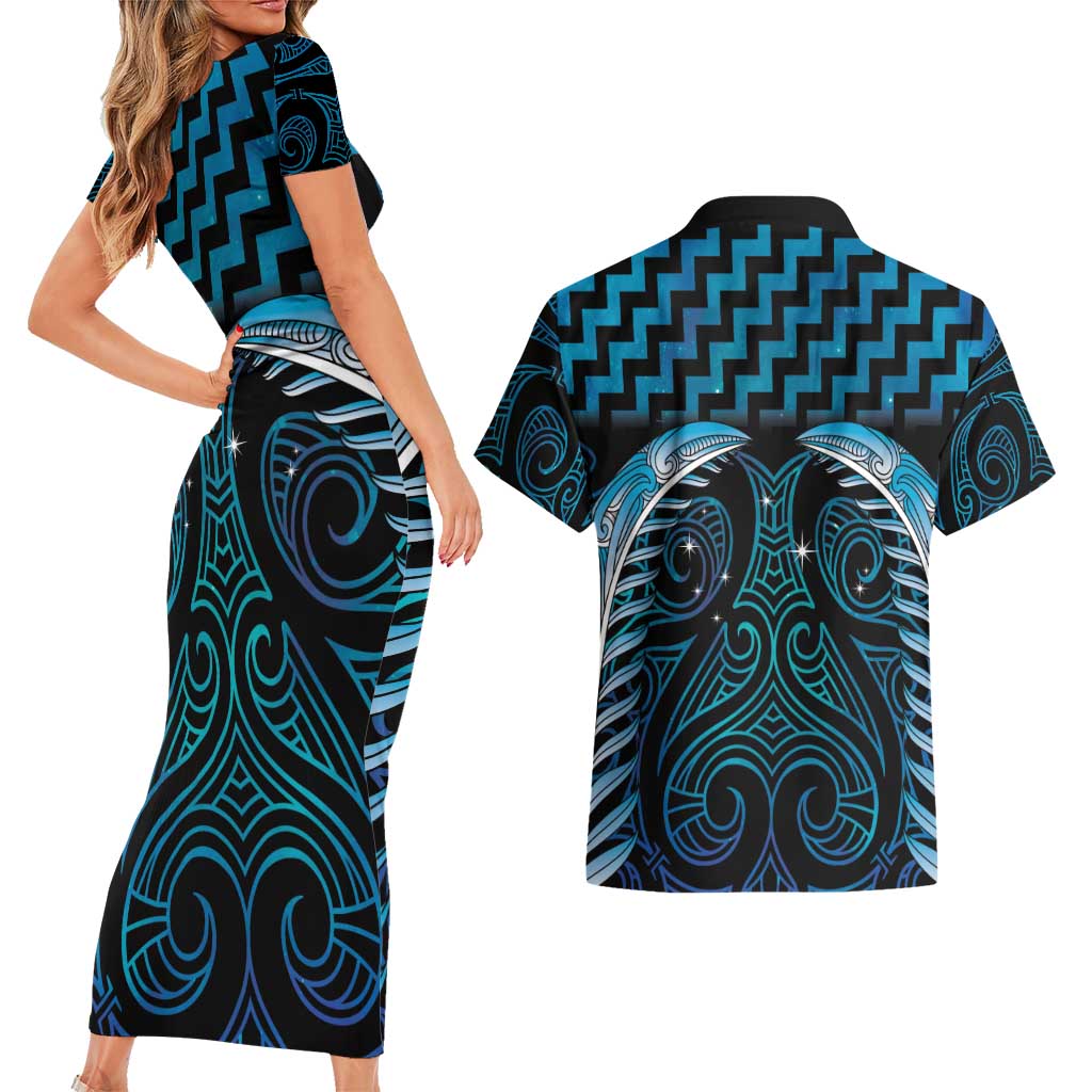 Blue Matariki New Zealand Couples Matching Short Sleeve Bodycon Dress and Hawaiian Shirt Maori Poutama Galaxy Vibes