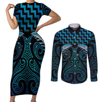 Blue Matariki New Zealand Couples Matching Short Sleeve Bodycon Dress and Long Sleeve Button Shirt Maori Poutama Galaxy Vibes