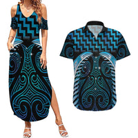 Blue Matariki New Zealand Couples Matching Summer Maxi Dress and Hawaiian Shirt Maori Poutama Galaxy Vibes