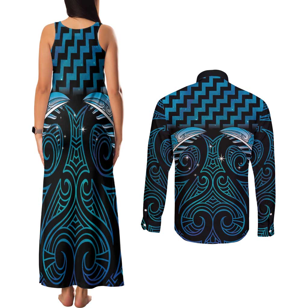 Blue Matariki New Zealand Couples Matching Tank Maxi Dress and Long Sleeve Button Shirt Maori Poutama Galaxy Vibes