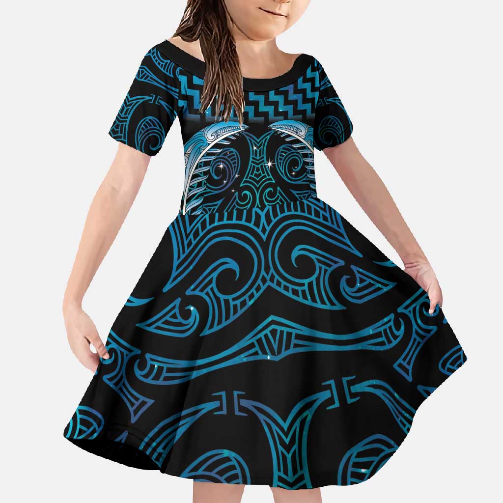 Blue Matariki New Zealand Family Matching Off Shoulder Maxi Dress and Hawaiian Shirt Maori Poutama Galaxy Vibes
