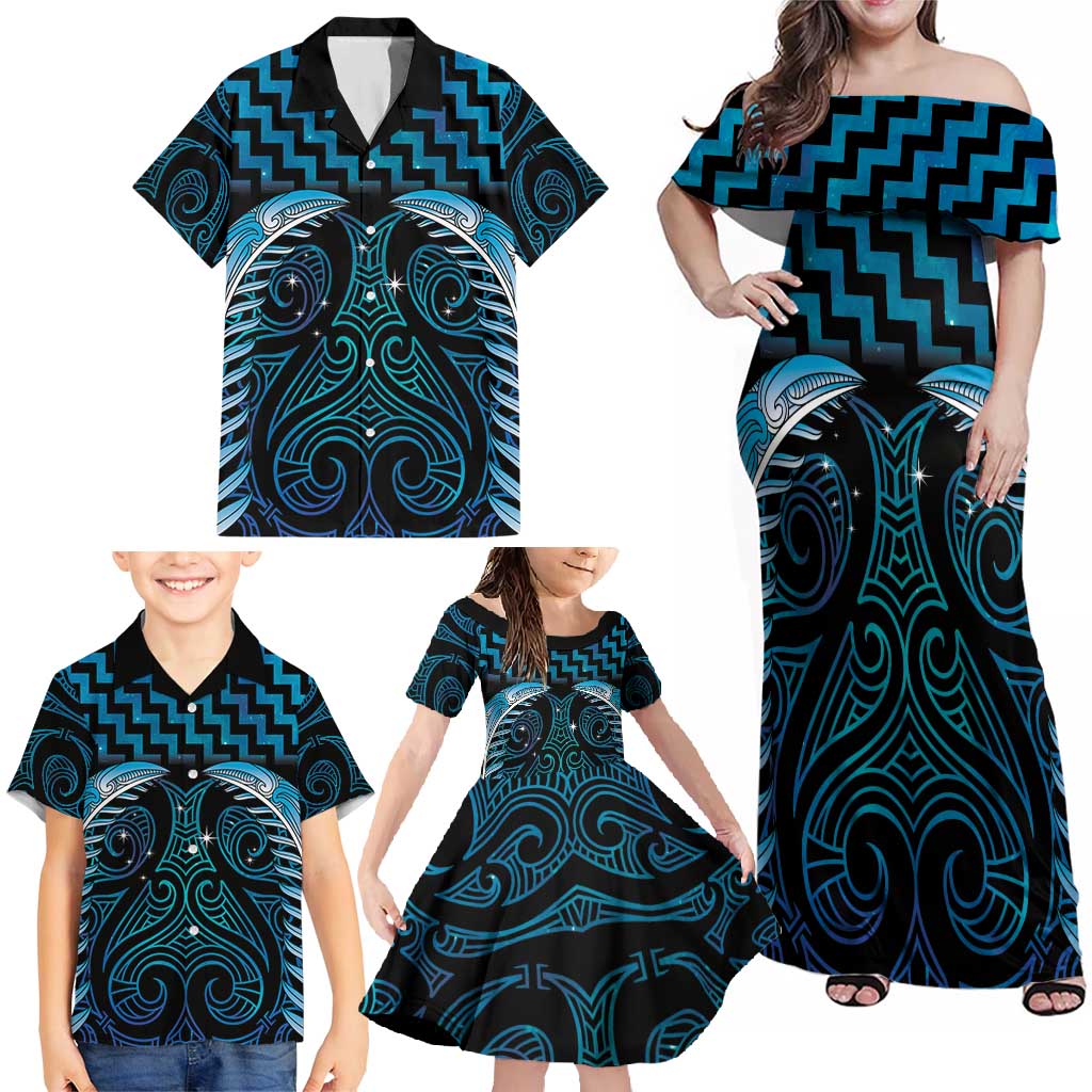 Blue Matariki New Zealand Family Matching Off Shoulder Maxi Dress and Hawaiian Shirt Maori Poutama Galaxy Vibes