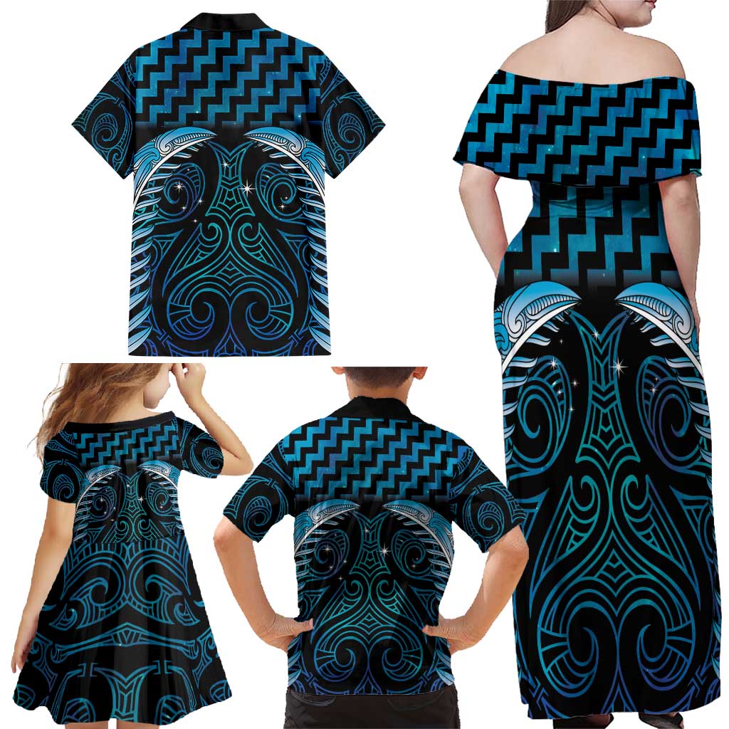 Blue Matariki New Zealand Family Matching Off Shoulder Maxi Dress and Hawaiian Shirt Maori Poutama Galaxy Vibes