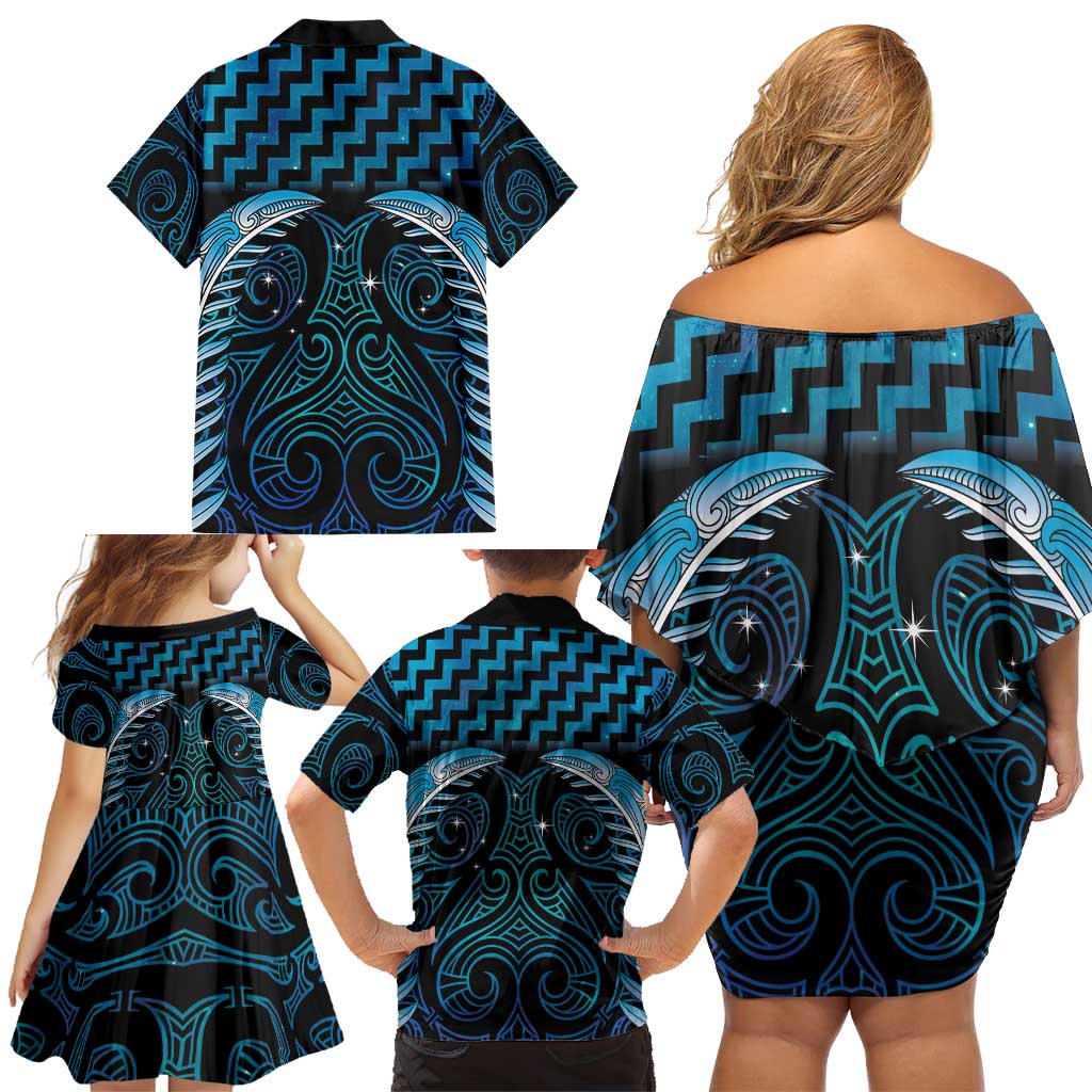 Blue Matariki New Zealand Family Matching Off Shoulder Short Dress and Hawaiian Shirt Maori Poutama Galaxy Vibes