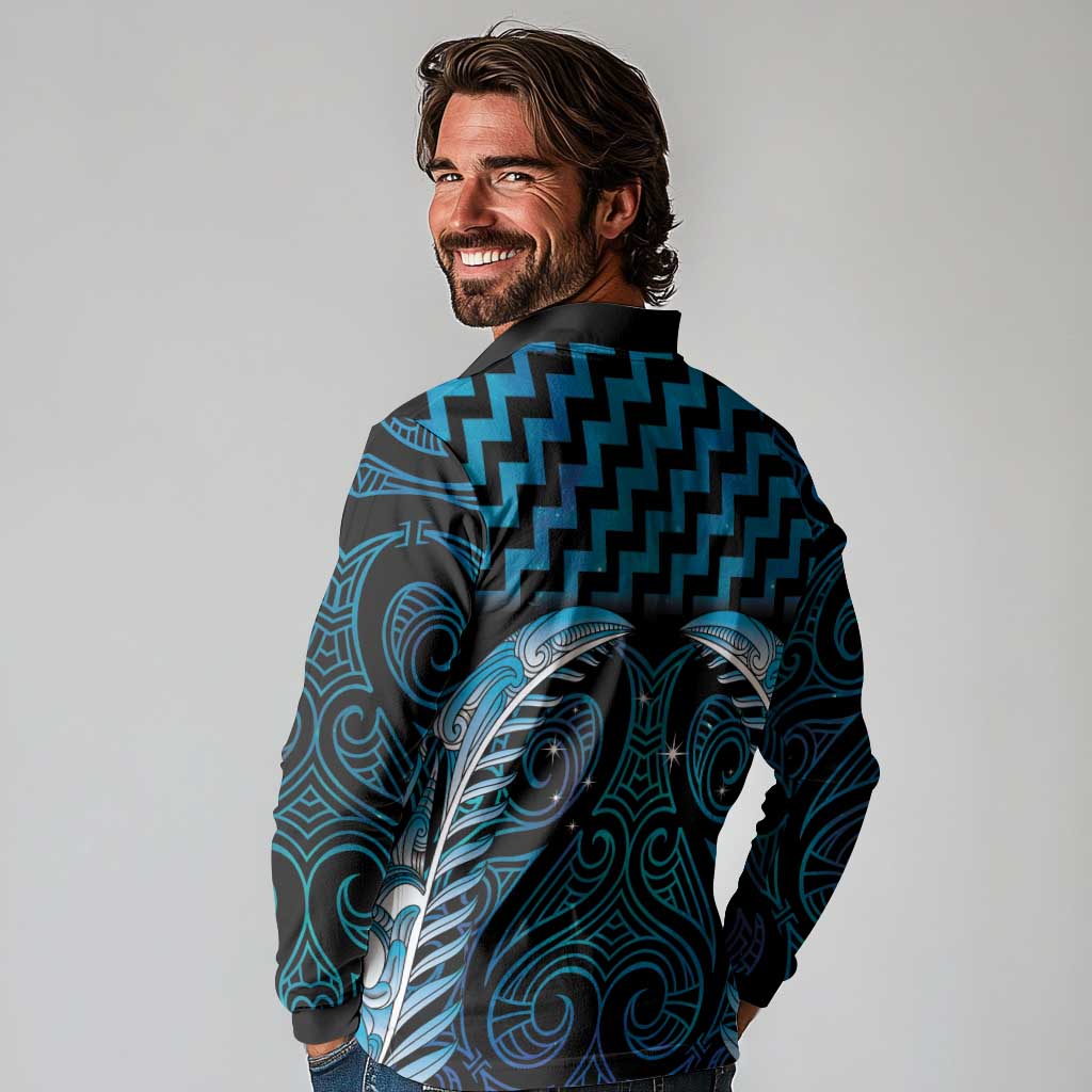 Blue Matariki New Zealand Long Sleeve Polo Shirt Maori Poutama Galaxy Vibes