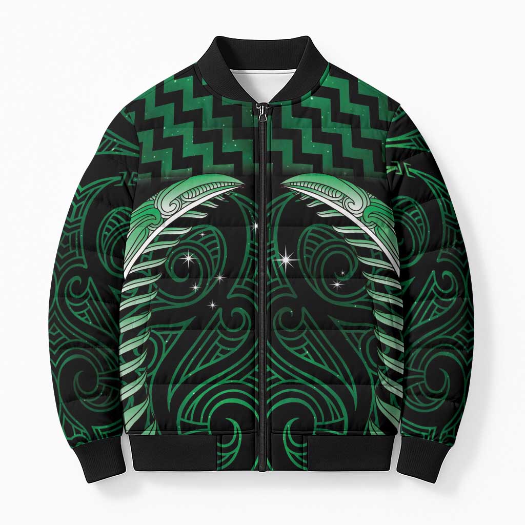 Green Matariki New Zealand Bomber Puffer Jacket Maori Poutama Galaxy Vibes - Polynesian Pride