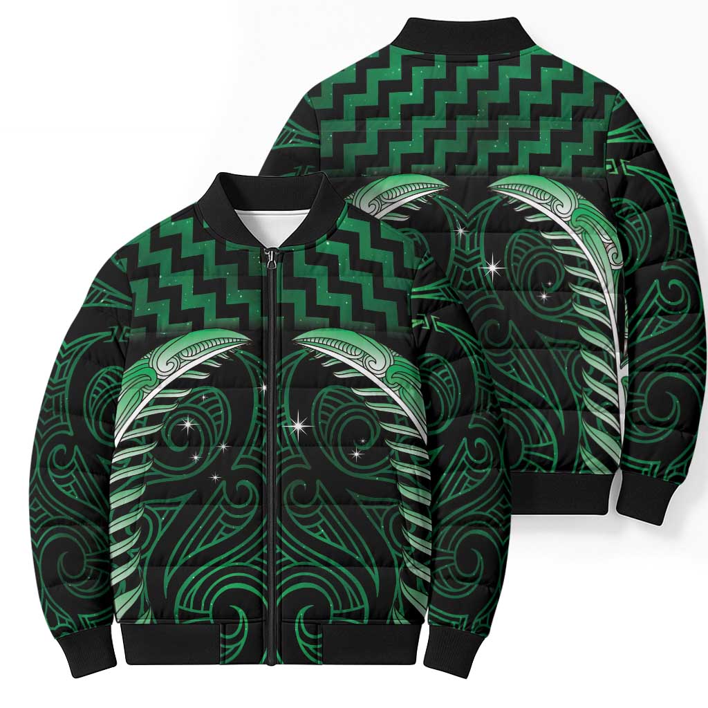 Green Matariki New Zealand Bomber Puffer Jacket Maori Poutama Galaxy Vibes - Polynesian Pride