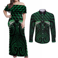 Green Matariki New Zealand Couples Matching Off Shoulder Maxi Dress and Long Sleeve Button Shirt Maori Poutama Galaxy Vibes