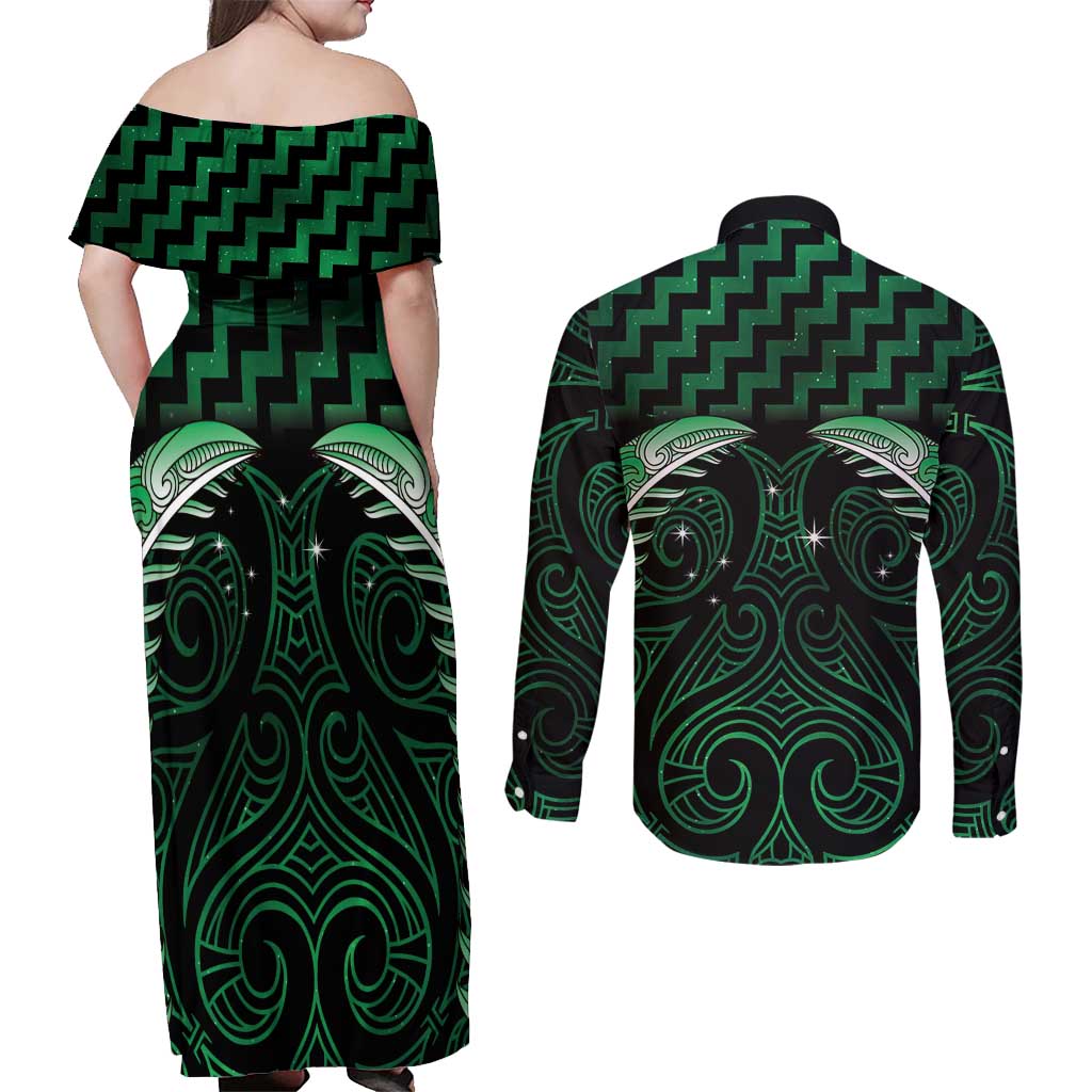 Green Matariki New Zealand Couples Matching Off Shoulder Maxi Dress and Long Sleeve Button Shirt Maori Poutama Galaxy Vibes