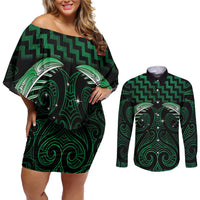Green Matariki New Zealand Couples Matching Off Shoulder Short Dress and Long Sleeve Button Shirt Maori Poutama Galaxy Vibes