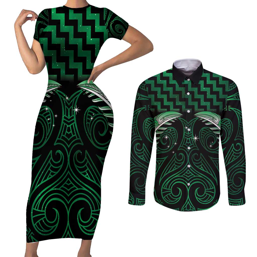 Green Matariki New Zealand Couples Matching Short Sleeve Bodycon Dress and Long Sleeve Button Shirt Maori Poutama Galaxy Vibes