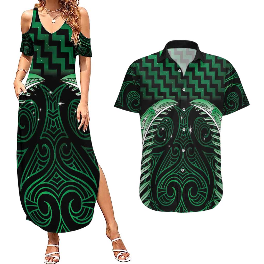 Green Matariki New Zealand Couples Matching Summer Maxi Dress and Hawaiian Shirt Maori Poutama Galaxy Vibes