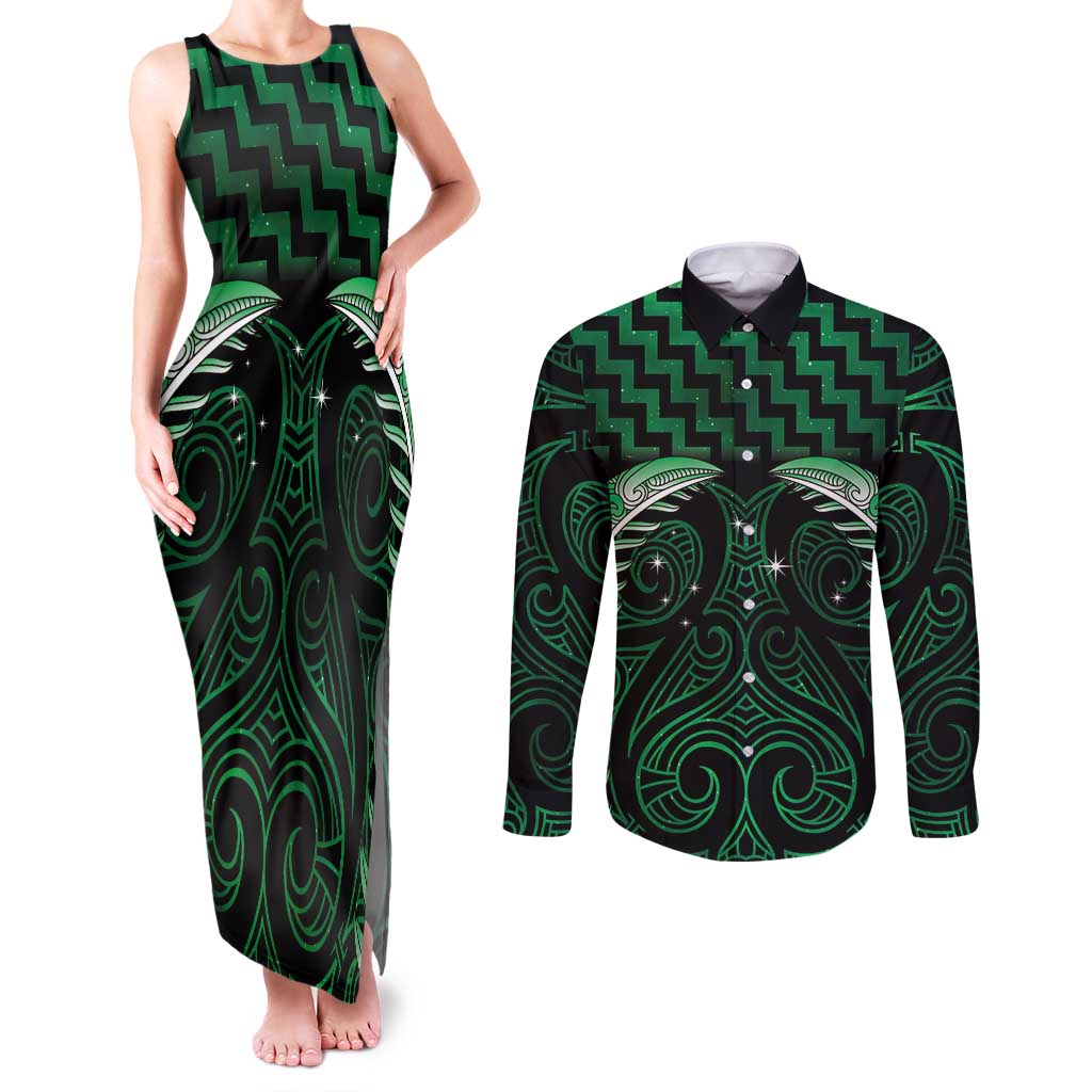 Green Matariki New Zealand Couples Matching Tank Maxi Dress and Long Sleeve Button Shirt Maori Poutama Galaxy Vibes
