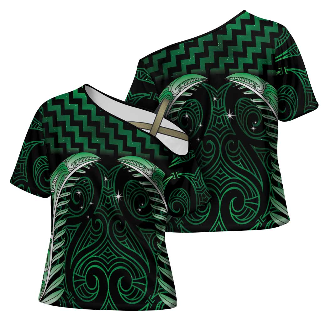 Green Matariki New Zealand Cross Shoulder Shirt Maori Poutama Galaxy Vibes - Polynesian Pride
