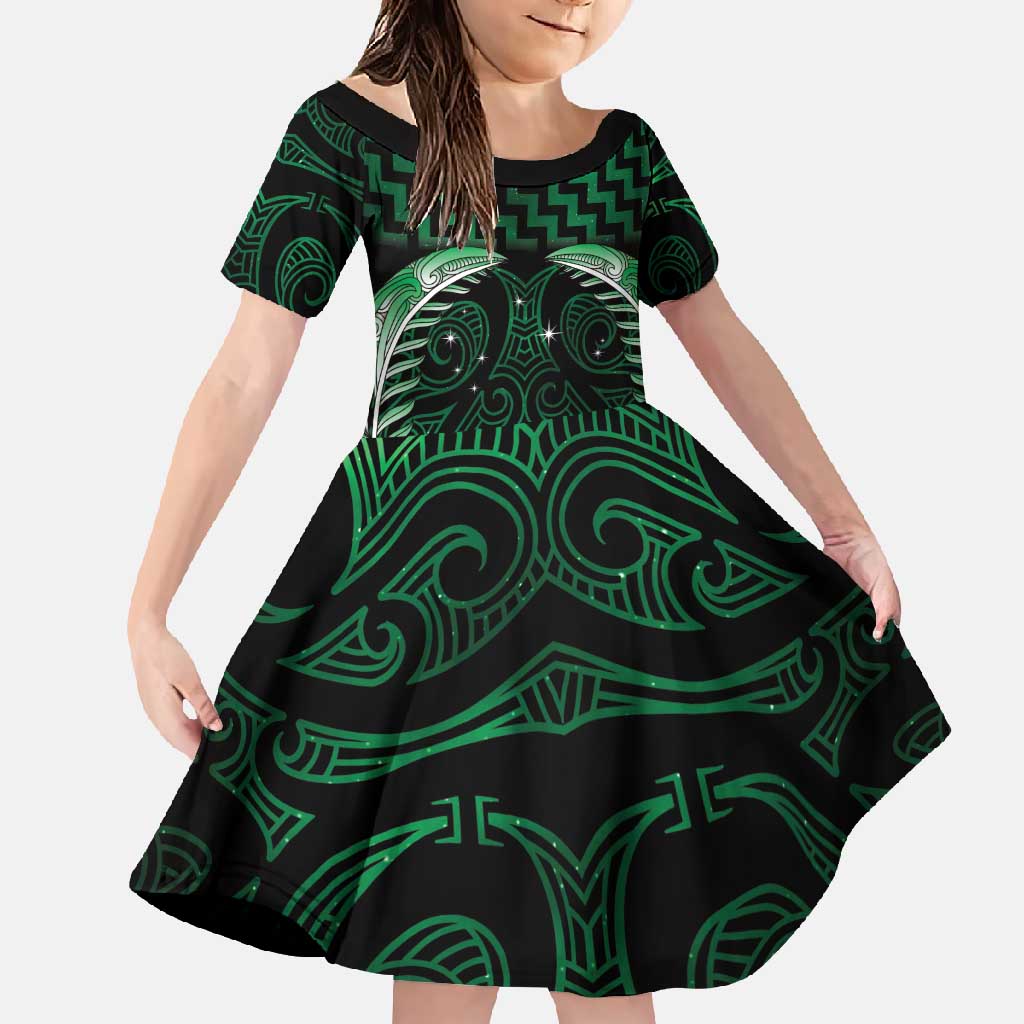 Green Matariki New Zealand Family Matching Off Shoulder Maxi Dress and Hawaiian Shirt Maori Poutama Galaxy Vibes