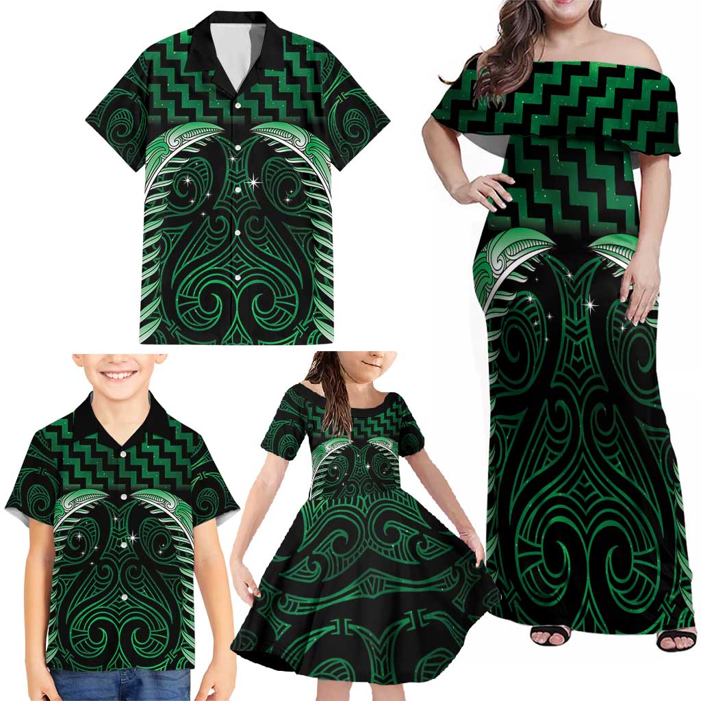 Green Matariki New Zealand Family Matching Off Shoulder Maxi Dress and Hawaiian Shirt Maori Poutama Galaxy Vibes
