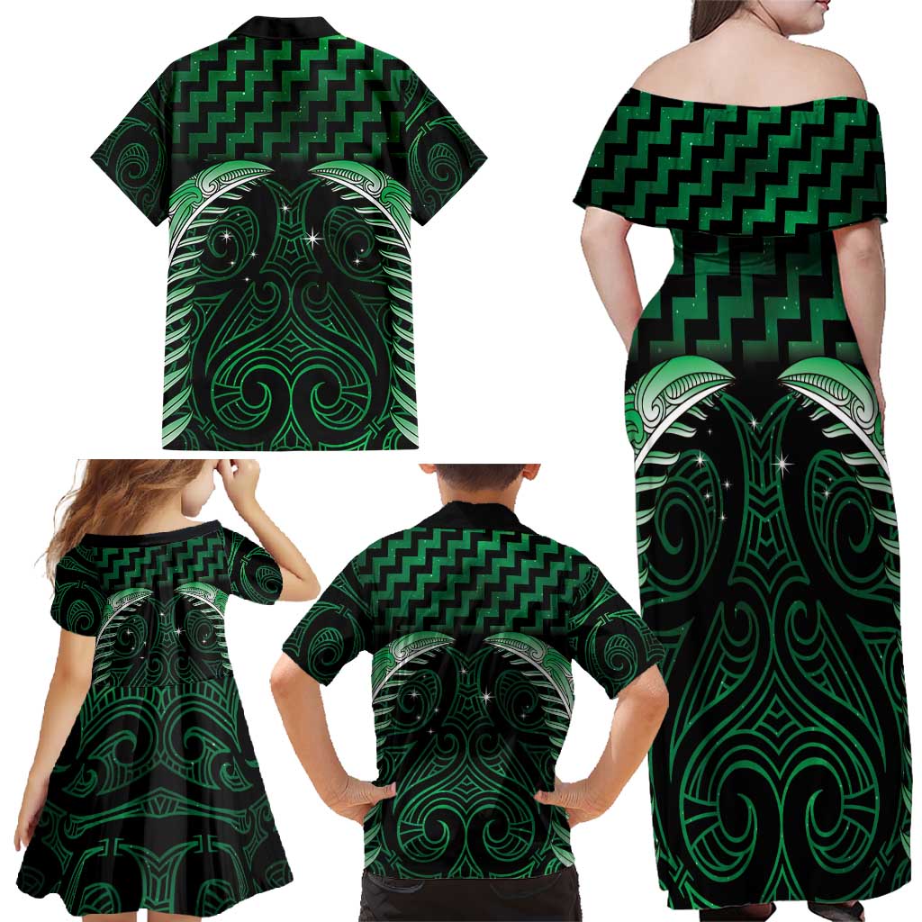 Green Matariki New Zealand Family Matching Off Shoulder Maxi Dress and Hawaiian Shirt Maori Poutama Galaxy Vibes