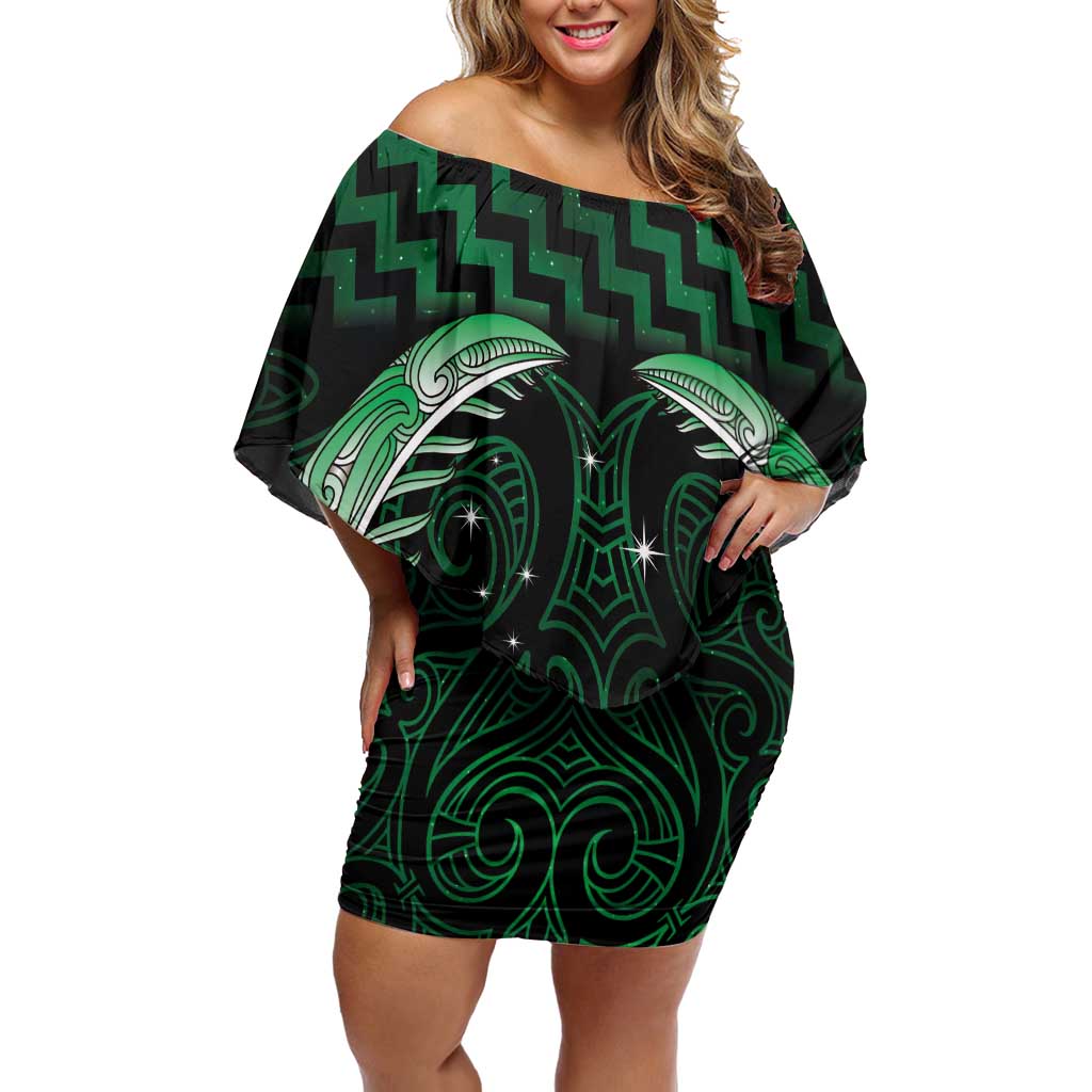 Green Matariki New Zealand Family Matching Off Shoulder Short Dress and Hawaiian Shirt Maori Poutama Galaxy Vibes