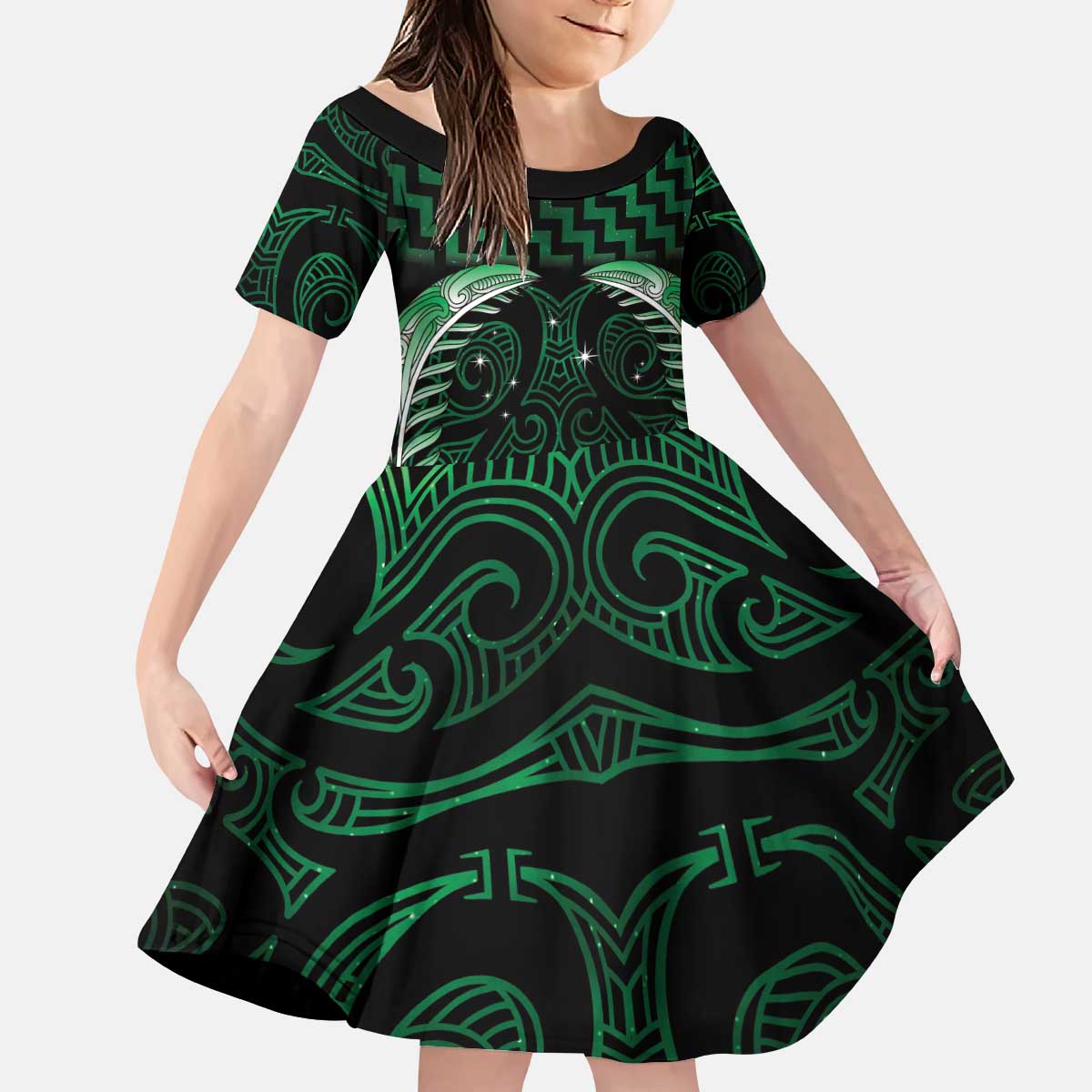 Green Matariki New Zealand Kid Short Sleeve Dress Maori Poutama Galaxy Vibes