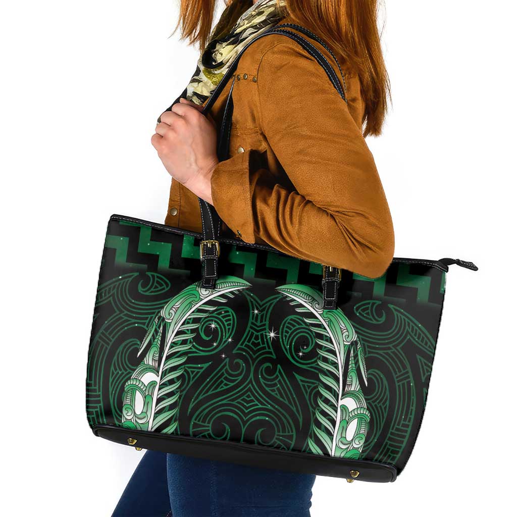 Green Matariki New Zealand Leather Tote Bag Maori Poutama Galaxy Vibes LT14 Green - Polynesian Pride