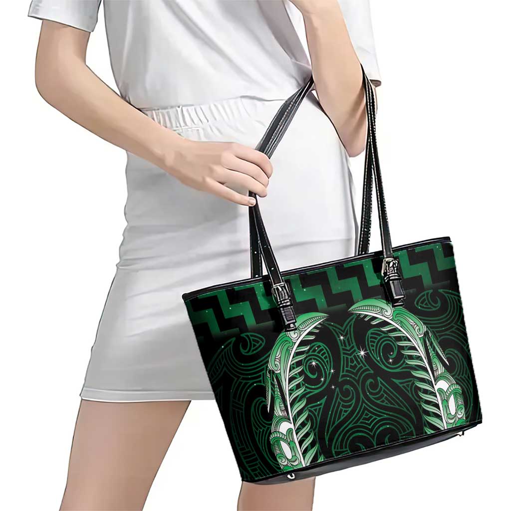 Green Matariki New Zealand Leather Tote Bag Maori Poutama Galaxy Vibes LT14 - Polynesian Pride