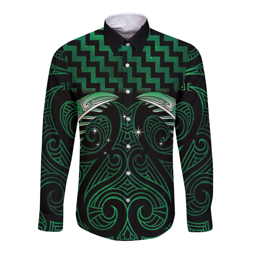 Green Matariki New Zealand Long Sleeve Button Shirt Maori Poutama Galaxy Vibes LT14 Unisex Green - Polynesian Pride