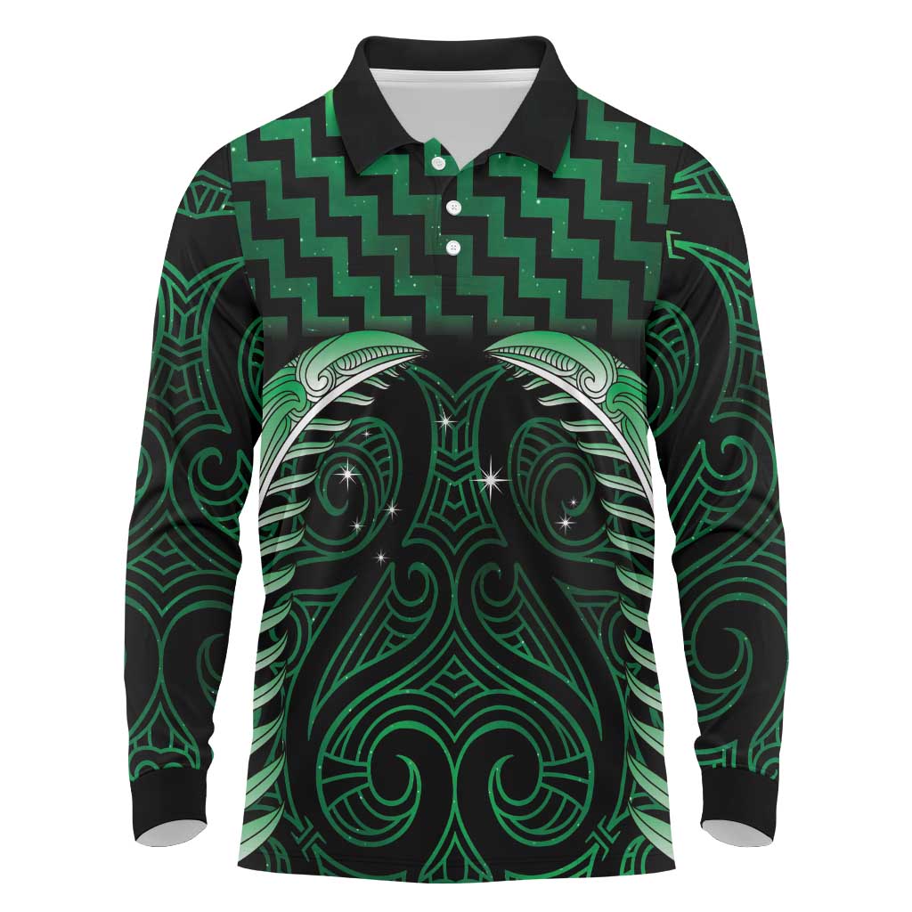 Green Matariki New Zealand Long Sleeve Polo Shirt Maori Poutama Galaxy Vibes
