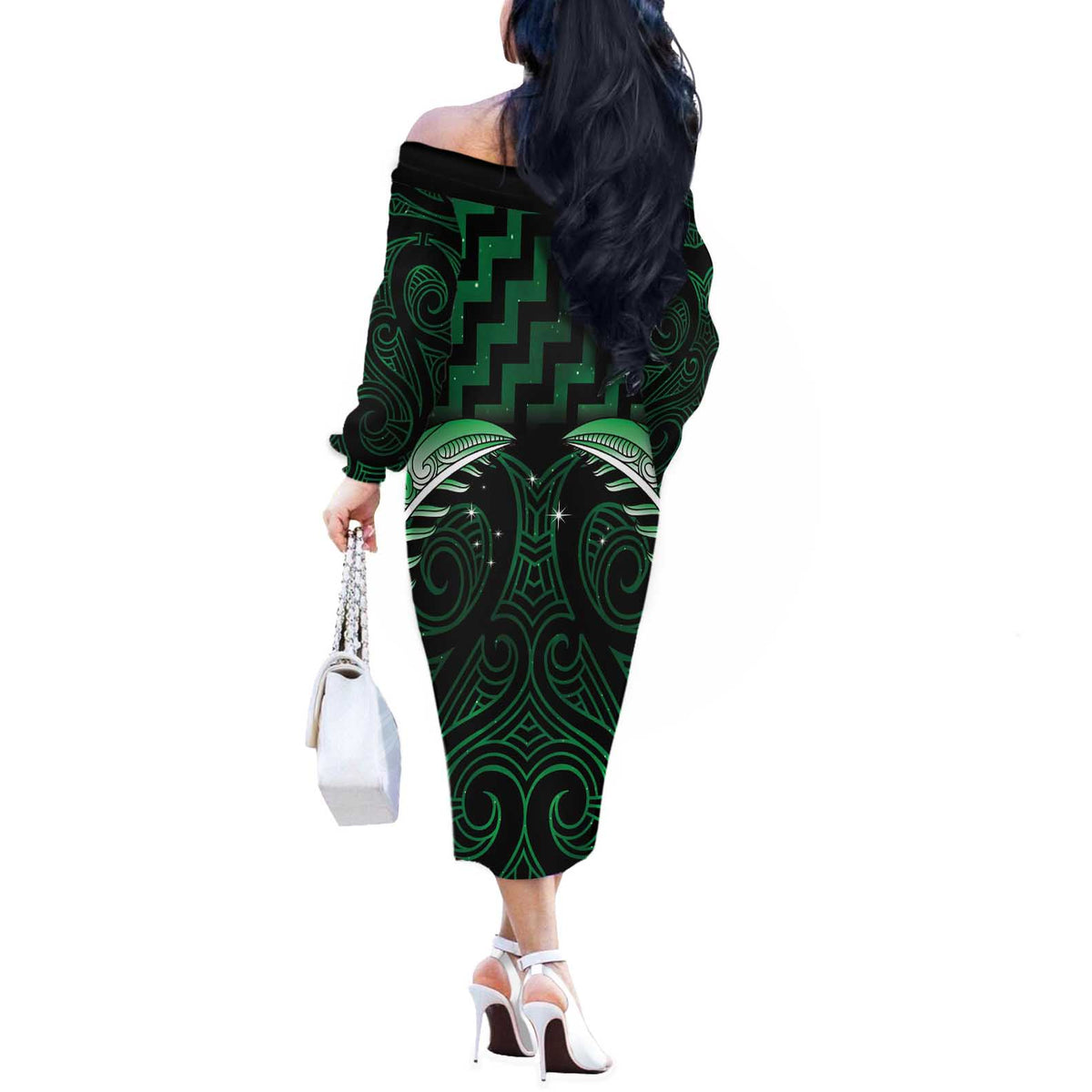 Green Matariki New Zealand Off The Shoulder Long Sleeve Dress Maori Poutama Galaxy Vibes