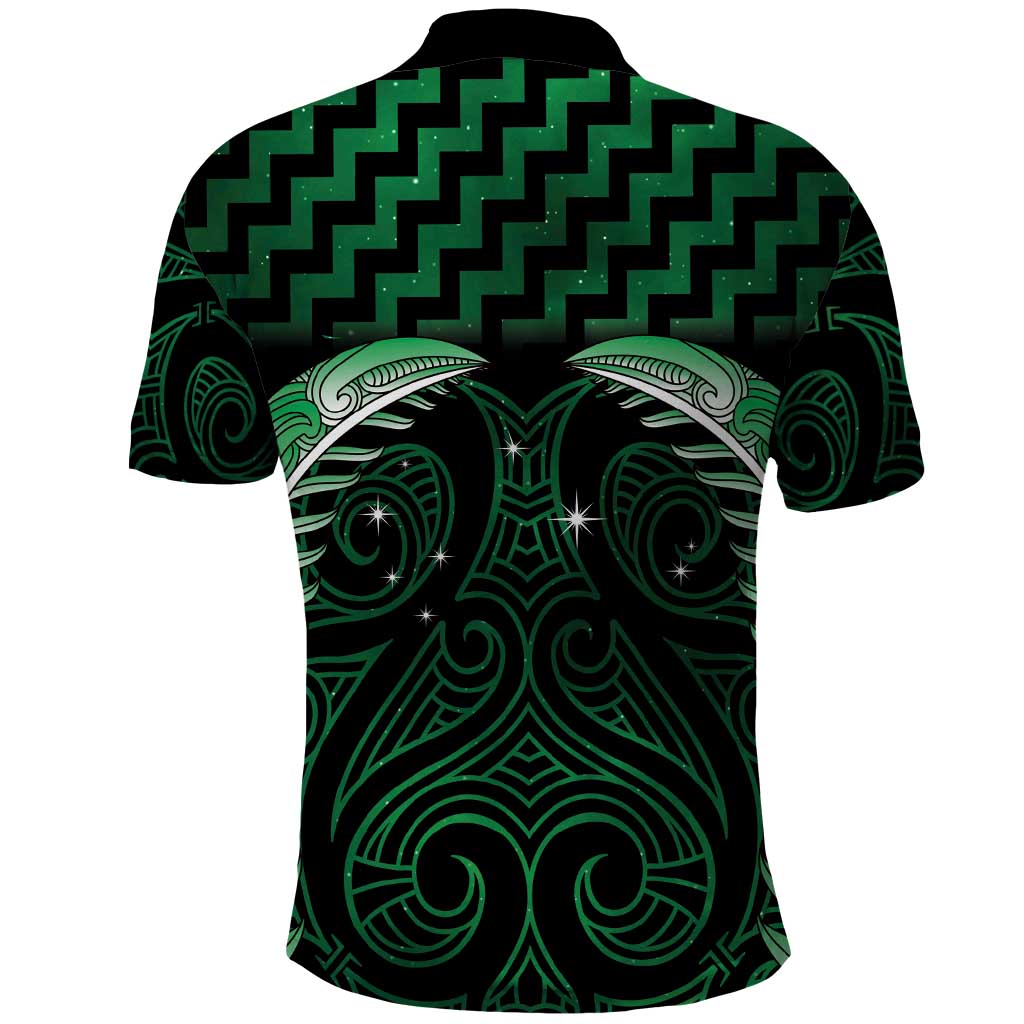 Green Matariki New Zealand Polo Shirt Maori Poutama Galaxy Vibes