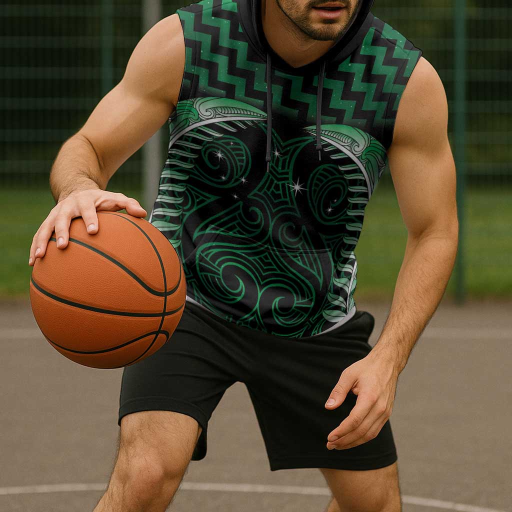Green Matariki New Zealand Sleeveless Hoodie Maori Poutama Galaxy Vibes - Polynesian Pride