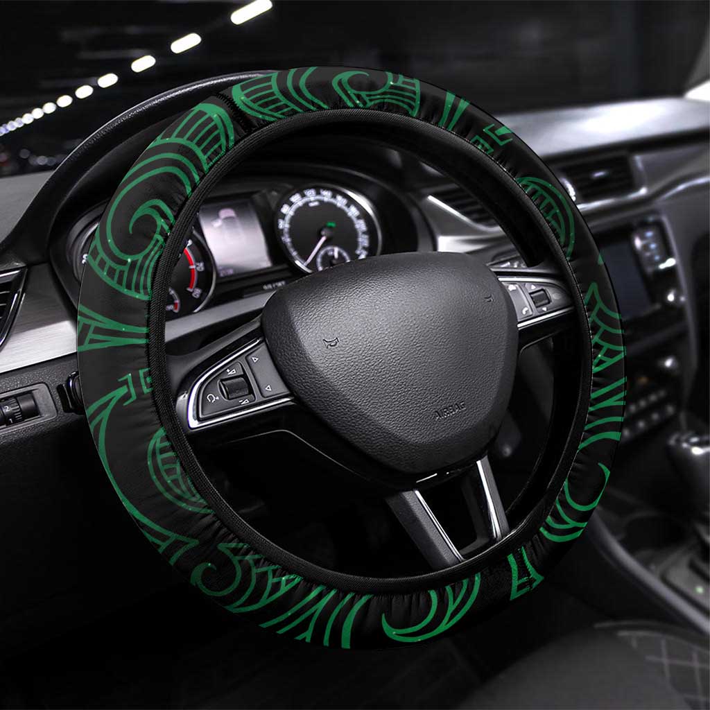 Green Matariki New Zealand Steering Wheel Cover Maori Poutama Galaxy Vibes LT14 Universal Fit Green - Polynesian Pride