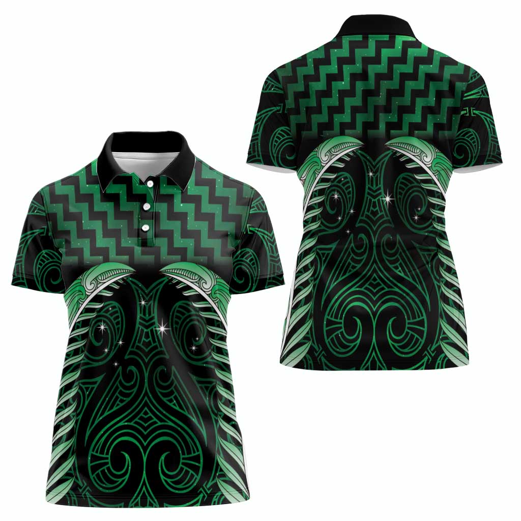 Green Matariki New Zealand Women Polo Shirt Maori Poutama Galaxy Vibes