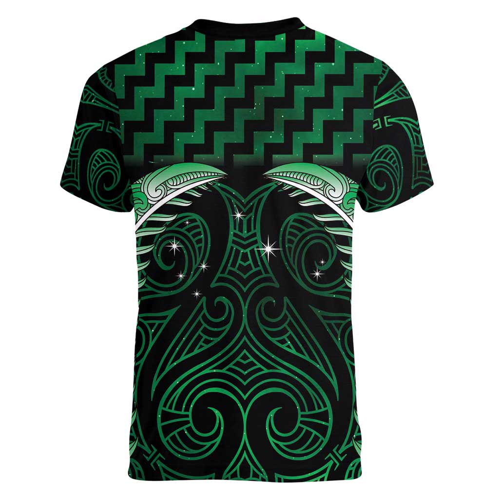 Green Matariki New Zealand Women V-Neck T-Shirt Maori Poutama Galaxy Vibes LT14 - Polynesian Pride