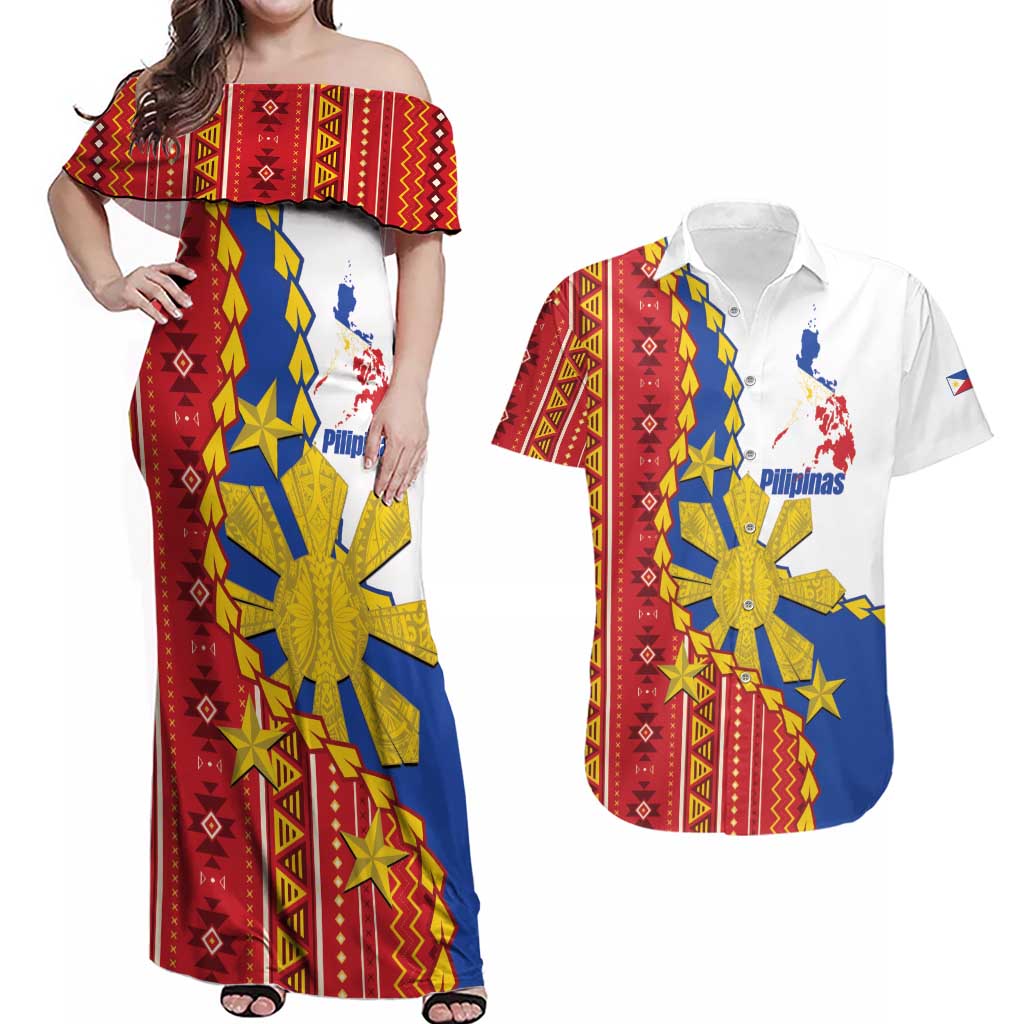 Philippines Independence Day Couples Matching Off Shoulder Maxi Dress and Hawaiian Shirt Pilipinas Sun Stars Igorot Pattern