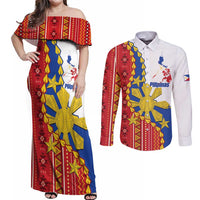 Philippines Independence Day Couples Matching Off Shoulder Maxi Dress and Long Sleeve Button Shirt Pilipinas Sun Stars Igorot Pattern LT14 Red - Polynesian Pride