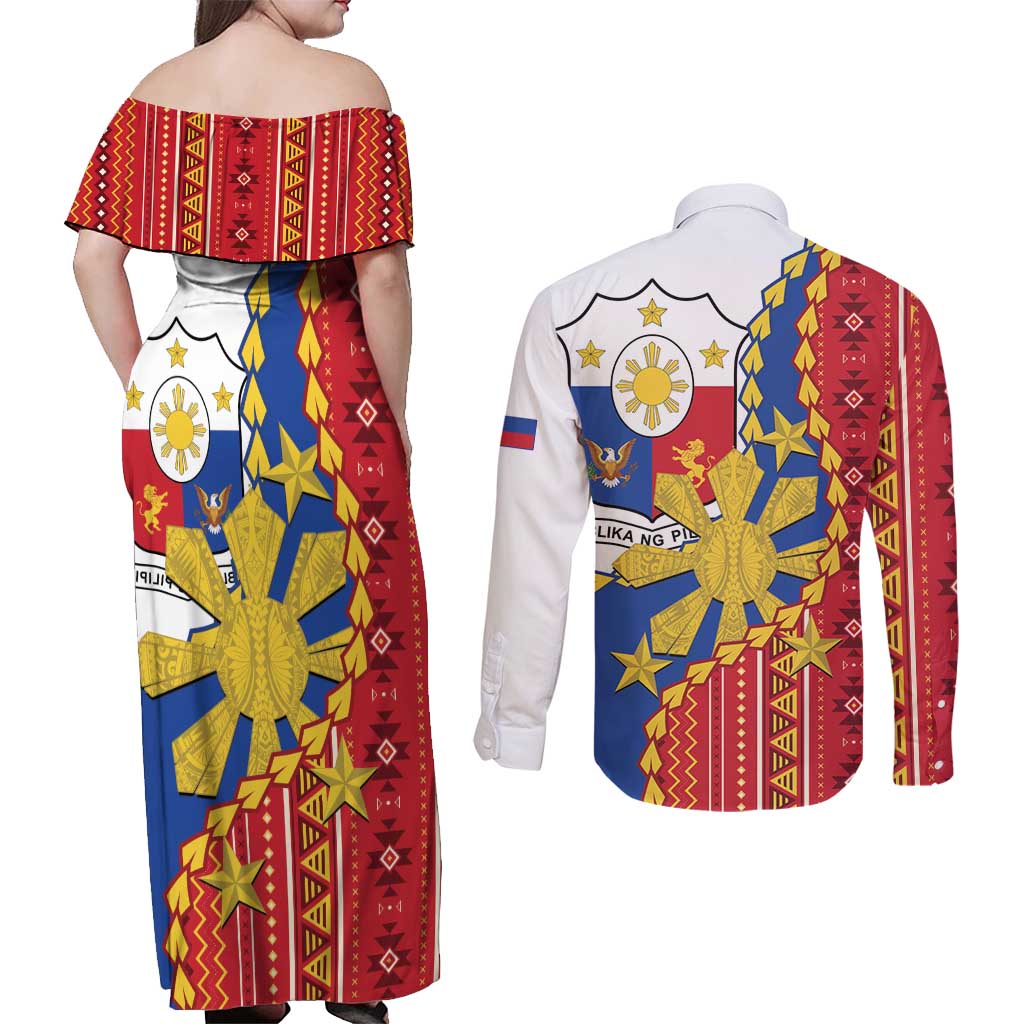 Philippines Independence Day Couples Matching Off Shoulder Maxi Dress and Long Sleeve Button Shirt Pilipinas Sun Stars Igorot Pattern LT14 - Polynesian Pride