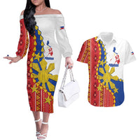 Philippines Independence Day Couples Matching Off The Shoulder Long Sleeve Dress and Hawaiian Shirt Pilipinas Sun Stars Igorot Pattern